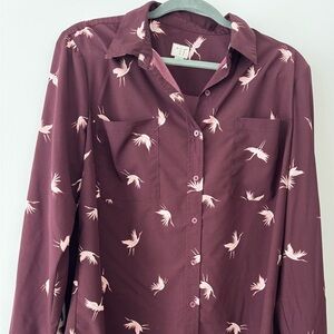 Woman’s Burgundy Button Down with Pink Bird Print - XL